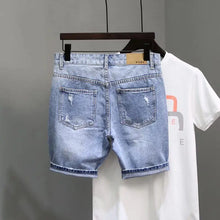 Summer Fashion Denim Shorts Men's Thin Korean Blue Ripped Five-point Pants Elastic Trend Trendy Brand Ins Guys Middle Pants