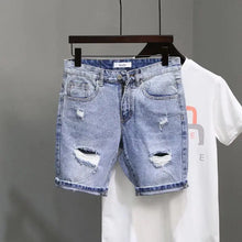 Summer Fashion Denim Shorts Men's Thin Korean Blue Ripped Five-point Pants Elastic Trend Trendy Brand Ins Guys Middle Pants