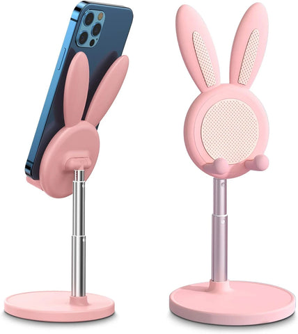 Adjustable Pink Bunny Phone Stand - Thick Case Friendly Desk Holder Compatible with iPhone Kindle iPad Switch All Phones
