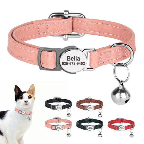 PU Leather Personalized Cat Collar Quick-Release Cats Collars Necklace Free Engraved Pet ID Name Collars Adjustable for Cats