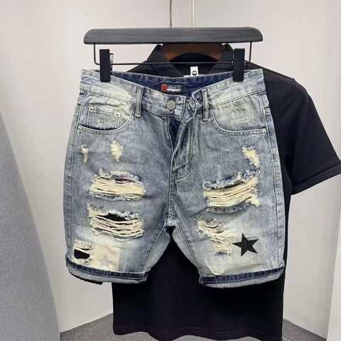 Summer Men's Casual Trendy High Street Hole Patched Denim Shorts Star Printed Knee Length Skinny Jeans Shorts Male Streetwear