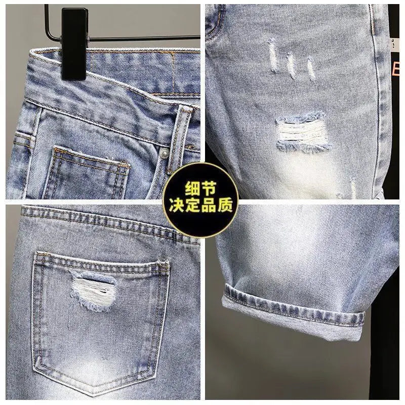 Summer Fashion Denim Shorts Men's Thin Korean Blue Ripped Five-point Pants Elastic Trend Trendy Brand Ins Guys Middle Pants
