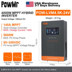 PowMr USA 4000W 24V Hybrid Solar Inverter Charger 100/110/120V AC Pure Sine Wave 140A MPPT Charger Max 5600W PV 55-350V DC Off Grid Inverter for Lead Acid AGM Gel Lithium Battery Home Emergency Solar Power System
