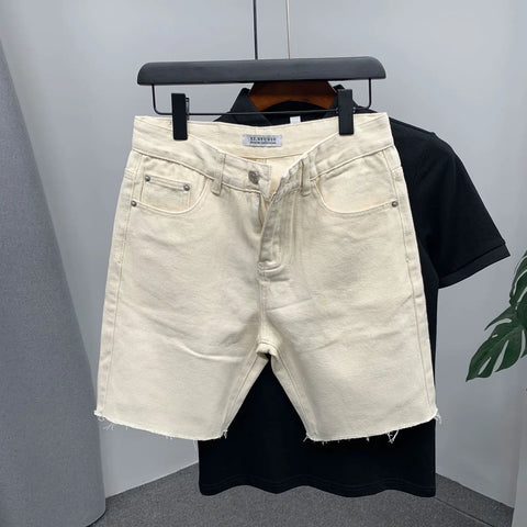 Luxury 2025 Summer New Men's Wenzhou Slim-fitting Small Feet Embroidered Simple White Elastic Five-point Denim Shorts Jean Homme