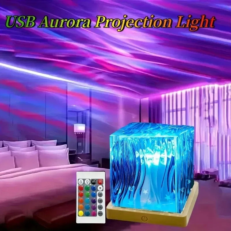 Newest 16 Colors Dynamic Water Ripples/Aurora Night Light Projection Lamp Flame Crystal Lamp USB Power Table Nightlight Decor