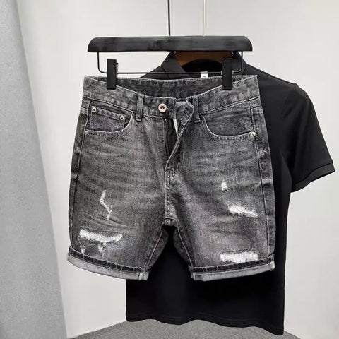 Summer New Denim Shorts Men's Korean Trendy Slim-fit Small Straight Hole Retro Washed Korean Luxury Clothing Ripped Jeans Man