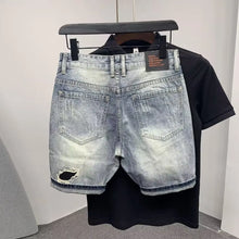 Summer Men's Casual Trendy High Street Hole Patched Denim Shorts Star Printed Knee Length Skinny Jeans Shorts Male Streetwear
