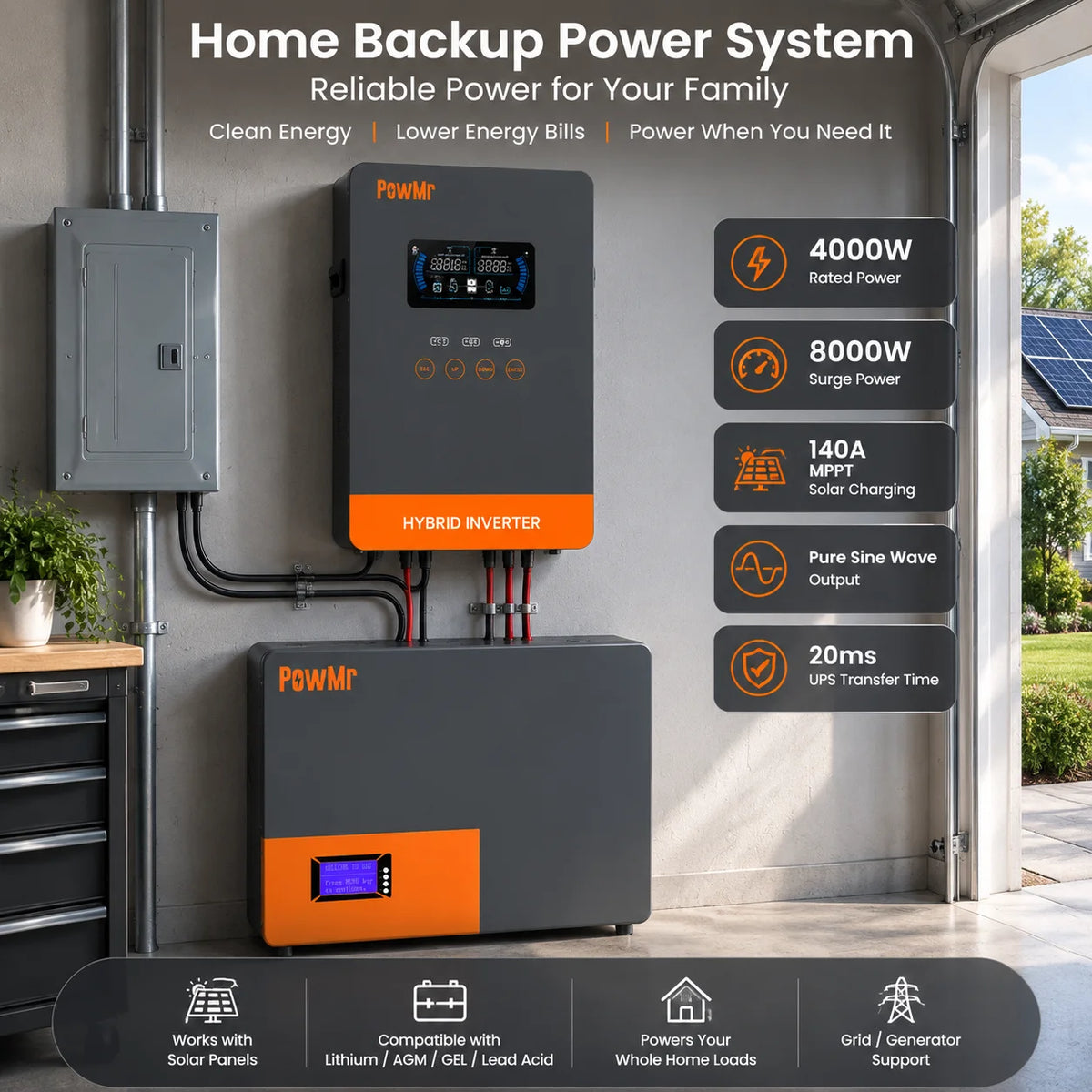 PowMr USA 4000W 24V Hybrid Solar Inverter Charger 100/110/120V AC Pure Sine Wave 140A MPPT Charger Max 5600W PV 55-350V DC Off Grid Inverter for Lead Acid AGM Gel Lithium Battery Home Emergency Solar Power System