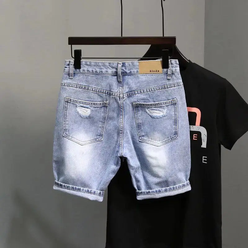 Summer Fashion Denim Shorts Men's Thin Korean Blue Ripped Five-point Pants Elastic Trend Trendy Brand Ins Guys Middle Pants