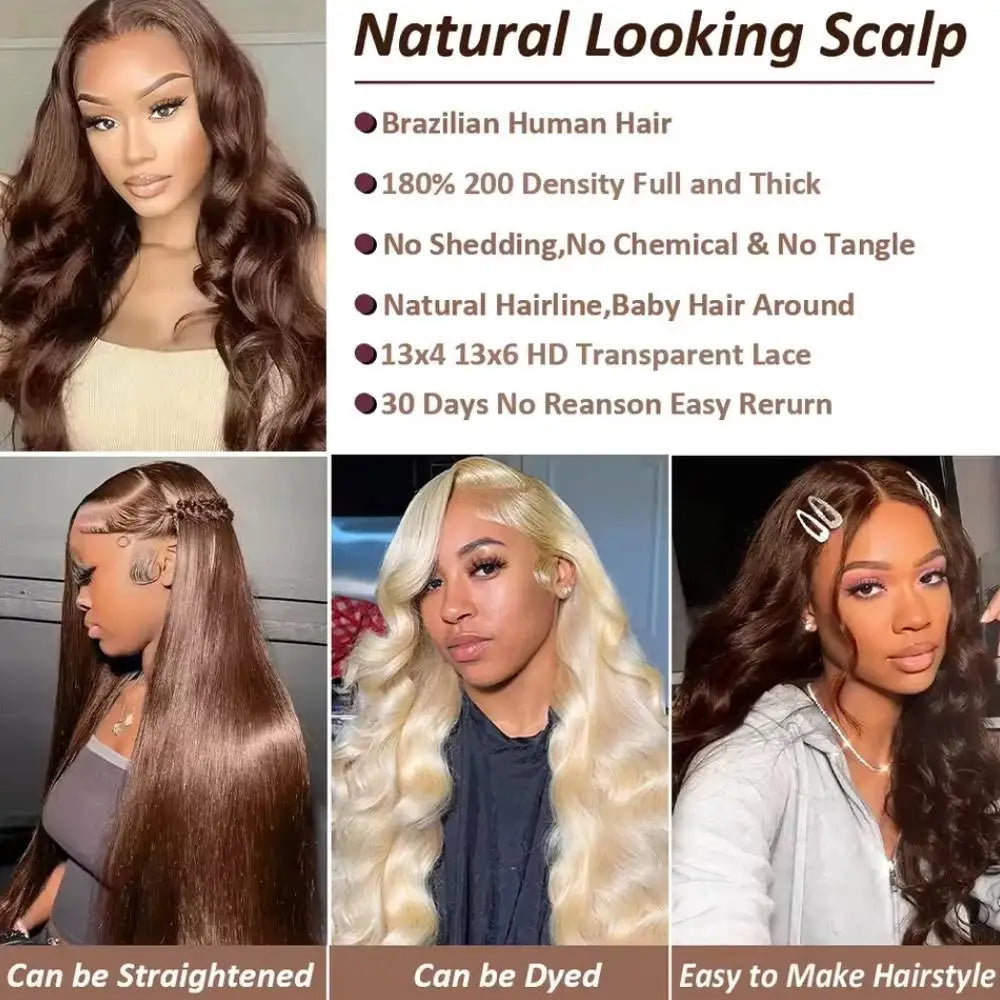 #4 Chocolate Brown Body Wave Wig 46 Inches Remy Hair 13x4 13x6 HD Transparent Lace Frontal Wigs Human Hair Pre Plucked With Baby Hair For Women