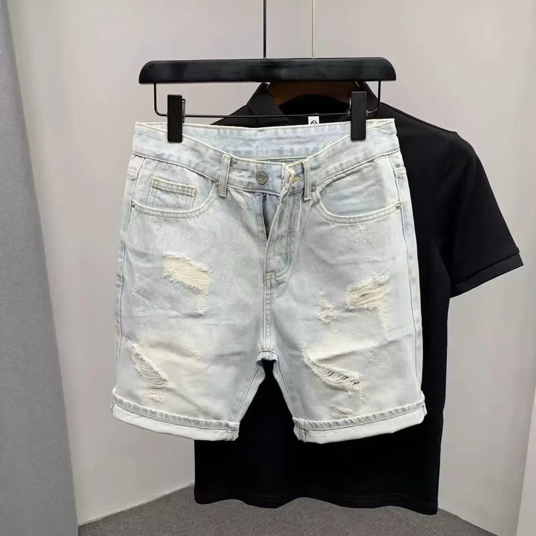 Summer Fashion Denim Shorts Men's Thin Korean Blue Ripped Five-point Pants Elastic Trend Trendy Brand Ins Guys Middle Pants