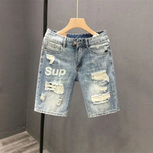 Fashion Vintage Korean Men's Summer Denim Shorts with Distressed Holes Slim Fit Distressed Holes Designer Luxury Clothing Men