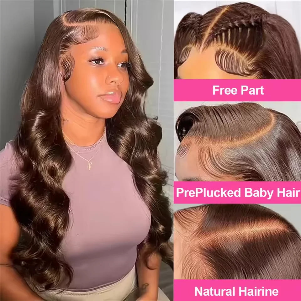 #4 Chocolate Brown Body Wave Wig 46 Inches Remy Hair 13x4 13x6 HD Transparent Lace Frontal Wigs Human Hair Pre Plucked With Baby Hair For Women