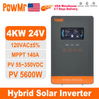 PowMr USA 4000W 24V Hybrid Solar Inverter Charger 100/110/120V AC Pure Sine Wave 140A MPPT Charger Max 5600W PV 55-350V DC Off Grid Inverter for Lead Acid AGM Gel Lithium Battery Home Emergency Solar Power System