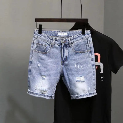 Summer Fashion Denim Shorts Men's Thin Korean Blue Ripped Five-point Pants Elastic Trend Trendy Brand Ins Guys Middle Pants