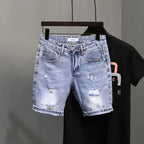 Summer Fashion Denim Shorts Men's Thin Korean Blue Ripped Five-point Pants Elastic Trend Trendy Brand Ins Guys Middle Pants